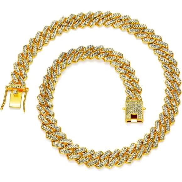 Gold Cuban Link Chain For Men Women Iced Out Chain Miami Cuban Necklace - Picture 1 of 5
